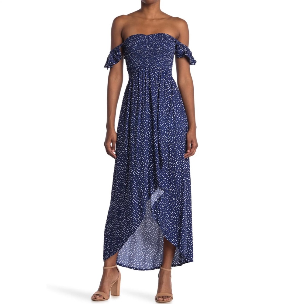 TIARE HAWAII
Paradise Off-the-shoulder Maxi Dress In Polka Dot Deep Blue